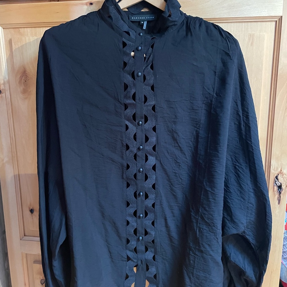 Black Polyester Rayon Button-Down Blouse - image 1